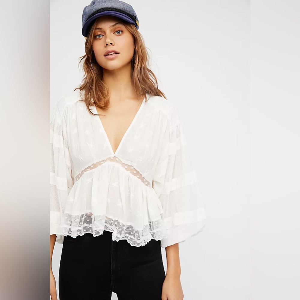Free People White Lace Peasant Blouse